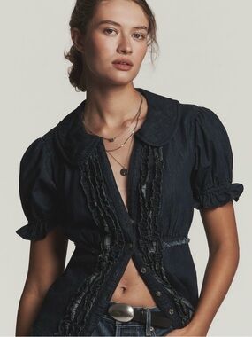 Anthropologie Dark Denim Ruffled Button-Front Blouse